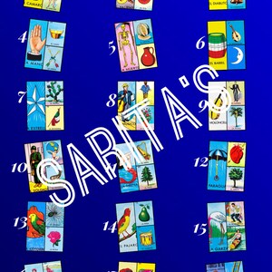 May include: A blue background with 18 colorful squares, each with a number and a picture. The squares are arranged in a grid of six rows and three columns. Each square has a number from 1 to 18, and a picture of a different object or character. The pictures include a shrimp, a bottle, a devil, a hand, a skeleton, a barrel, a star, a musician, a cello, a soldier, a mermaid, a parrot, a bird, a stork, a lady, a hat, and a rooster.