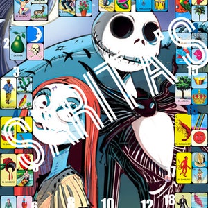 Jack and Sally Nightmare before christmas loteria board 18 numbers 3 images each no doubles
