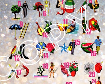 Loteria board digital Double figures all 54 cards included no doubles white glitter background