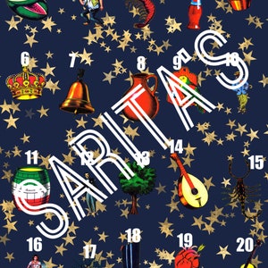 May include: A blue background with gold stars and 20 numbered images. The images include a watermelon, a man with a bottle, a shrimp, a bottle of soda, a copper pot, a crown, a bell, a red jug, a parrot, a fish, a barrel, a man in a suit, a tree, a guitar, a scorpion, a boat with a person, a spider, a boot, a heart with an arrow, and a violin. The text 