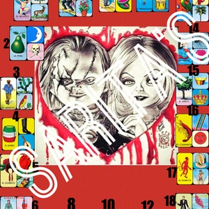 Loteria Mexicana Board 18 numbers no doubles chucky and bride childs play
