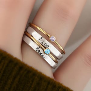 Personalized Birthstone Ring Set: Engraved Stainless Steel Stackable Rings