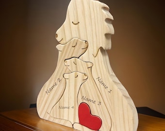 Personalized Wooden Lion Family Puzzle, Custom Wooden Lions with Names, Christmas Family Gift, Mother&#39;s Gift