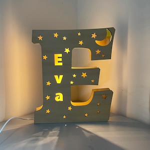 Lámpara de noche con nombre de letra personalizada, luz de letra de madera personalizada, decoración de lámpara de estrella lunar, regalo para niños