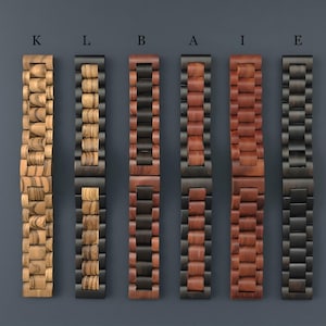 May include: Six wooden watch bands in various colors and wood grains. The bands are arranged vertically against a dark gray background. The bands include light and dark wood tones, with black metal hardware. Each band is labeled with a letter.