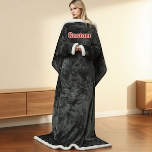 Custom Wearable Blanket with Sleeve, Personalized Photo Name Print Extra Long Hoodie Blanket, Thick Oversized Blanket