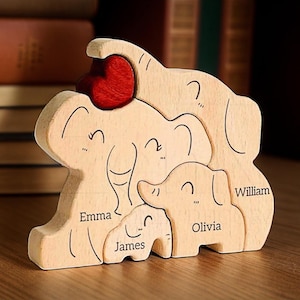 Personalized Wooden Elephant Family Puzzle, Elephants Family Puzzle with Names, Christmas Gift, Mother&#39;s Day Gift, Father&#39;s Day Gift