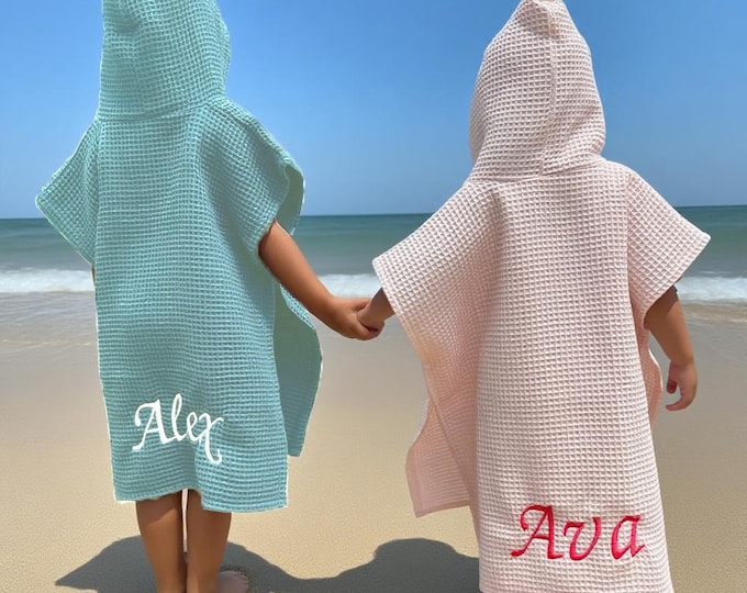 Hooded Towel with Custom Name Embroidery, Kids Cotton Hooded Coverup,  Waffle Beach Towel Poncho, Toddler Swimsuit Towel