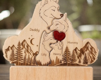 Personalized Wooden Wolf Family Puzzle: Custom Names, Eco-Friendly Decor