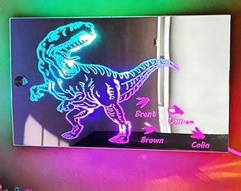 Lustro LED z dinozaurem, spersonalizowana lampka nocna z nazwiskiem rodziny, akrylowy neon