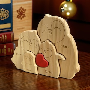 Personalized Wooden Penguin Family Puzzle, Custom Cute Penguin Family with Name Wooden Decor, Christmas Family Gift