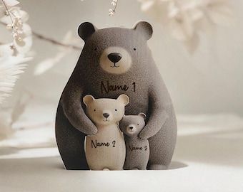 Spersonalizowana rodzinna układanka dla samotnych rodziców z niedźwiedziami, drewniany niedźwiedź grizzly z teksturą przypominającą ceramikę, drewniane dekoracje z niedźwiedziami, prezent na dzień matki/ojca