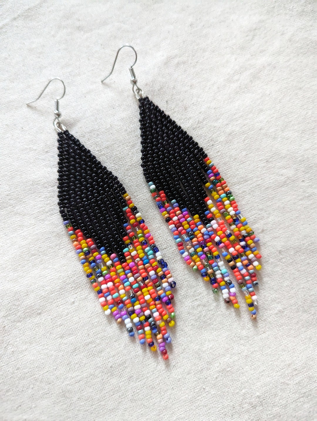 Handcrafted African Beaded Fringe Earrings - White, Gold & Black