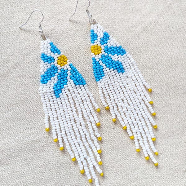 Blue Daisy Indigenous Beaded Fringe Earrings Statement Artisan Jewelry