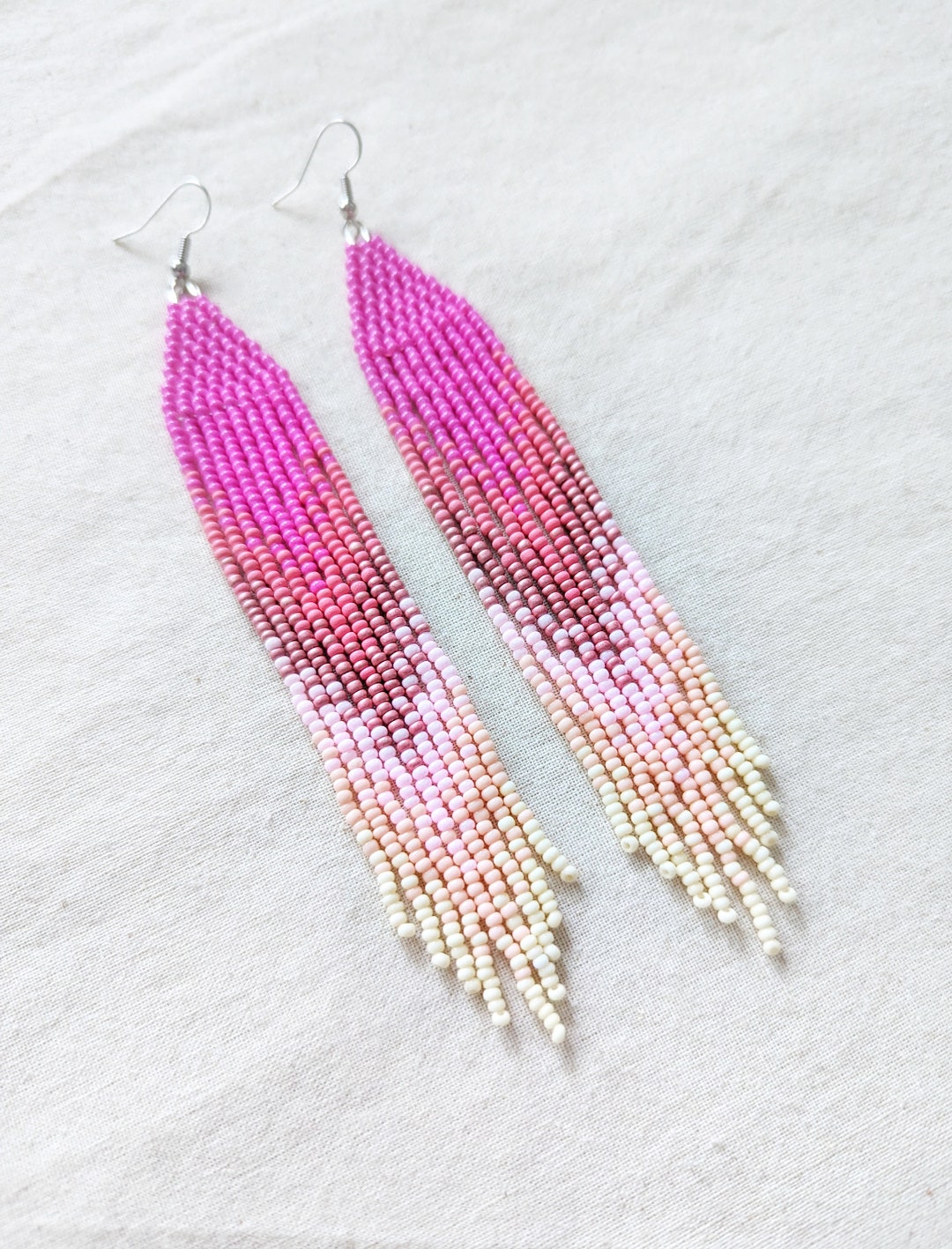 Pink Ombre Handmade Indigenous Beaded Fringe Earrings Long Statement ...