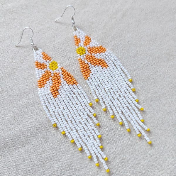 Orange Daisy Flower Beaded Fringe Earrings Indigenous Beadwork