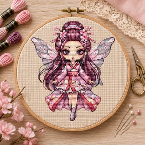 Fairy of Sakura Cross Stitch Pattern PDF, Sakura Fairy Counted Cross Stitch Chart, Cherry Blossom Fantasy Embroidery, Instant Download