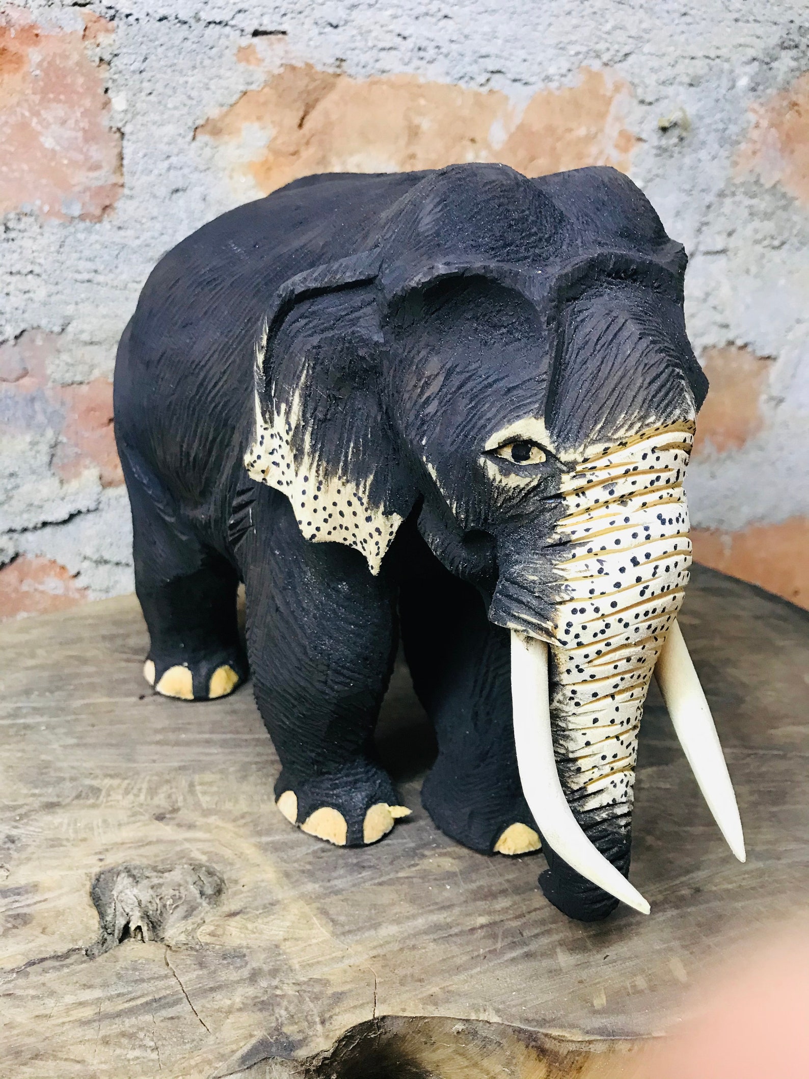 Wooden Elephant Statue Hand Carved With Tusks Solid Heavy Etsy