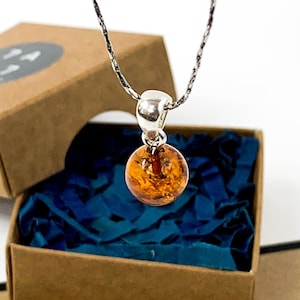 May include: A certificate of authenticity for a necklace with a round amber pendant. The certificate is printed on brown paper with black text. The text reads "Amber Seven the highest quality 100% and complies with highest quality standards. www.amberseven.com".