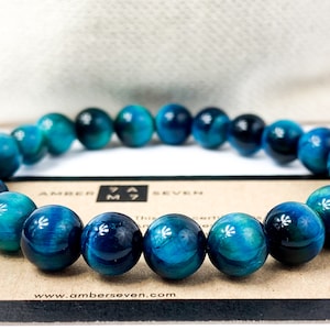 Blue Tiger&#39;s Eye Bracelet | Bright Blue Natural Tiger Eye | Blue Tiger Eye Gemstone Chakra Bead Bracelet | Gift for Men Women  | 6mm & 8mm