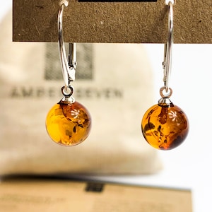 Sphere Earrings | Baltic Amber & 925 Sterling Silver | Drop Earrings For Women | Crystal Sphere Earrings | Amber Jewelry, Bernstein Ohrringe