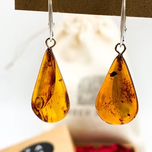 Genuine Amber Earrings | Amber Teardrop Earrings | Cognac Amber Earrings | Christmas Gift For Women | Jewelry Gift For Wife | Silver Closure