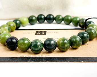 Canadian Jade Bracelet | Dark Green Jade Bead Bracelet | 7.5" 6-8mm Real Nephrite Bracelet For Women And Men | Jade Jewelry Gift For Her Him