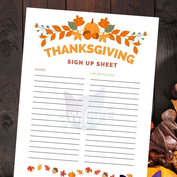 Printable Thanksgiving Sign Up Sheet, Family Thanksgiving Potluck Party, Office Sign Up Thanksgiving, Family Potluck List, Instant Download