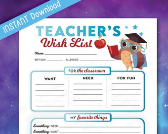 Printable Teachers Favorite Things, Wish Lists, Wish List Template, All About Teacher Printable, Teacher Lists, Owl, School Printables Lists