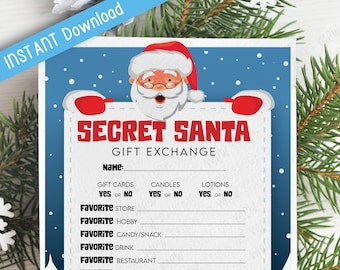 Puede incluir: Una tarjeta de intercambio de regalos de Secret Santa imprimible con una imagen de dibujos animados de Papá Noel asomándose por la parte superior. La tarjeta incluye una lista de preguntas para ayudarte a encontrar el regalo perfecto para tu destinatario de Secret Santa.