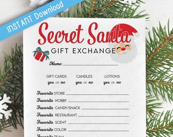 Printable Secret Santa Gift Exchange Questionnaire, Christmas Secret Santa, Christmas Gift List, Gift Ideas for Christmas, Instant Download