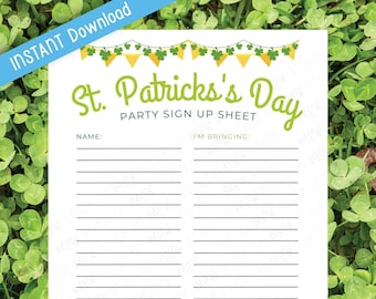 Printable St. Patrick's Day Party Sign Up Sheet, Class St Patricks Day Party I'm Bringing List, Sign Up Sheet for Students, Instant Download