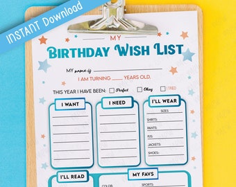 Printable Birthday Gift Wish List Template, Kid's Birthday Wish List, My Wish List, Birthday Gift Ideas List, Bday Gift Ideas, Present Ideas