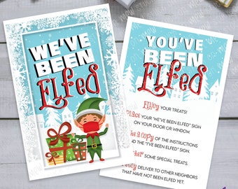 Op de afbeelding: Twee printbare borden met een winterse blauwe achtergrond en witte sneeuwvlokken. De borden zeggen "We've Been Elfed" en "You've Been Elfed". Het eerste bord toont een cartoon-elf die een gezichtsmasker draagt en cadeaus vasthoudt. Het tweede bord bevat instructies voor een kerstspel.
