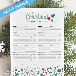 Druckbare Weihnachtsgeschenkliste, Weihnachtsgeschenk-Tracker, Weihnachtsgeschenkideen, Weihnachtswunschliste, Weihnachtseinkaufsliste
