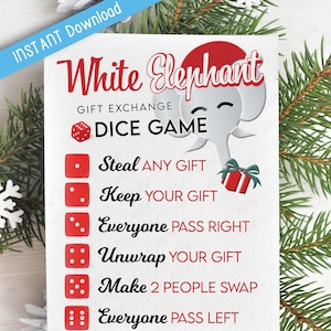 Printable White Elephant Dice Game Gift Exchange Rules Secret Santa