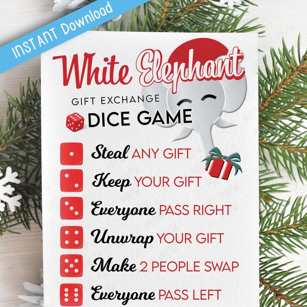 Printable White Elephant Dice Game Gift Exchange Rules, Secret Santa, White Elephant Gift Swap Game, Gift Ideas Christmas, Instant Download