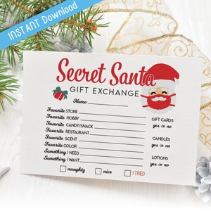 Op de afbeelding: Een printbare Secret Santa cadeautje-uitwisselingskaart met een afbeelding van de kerstman. De kaart bevat een lijst met vragen om je Secret Santa ontvanger te leren kennen, zoals zijn favoriete winkel, hobby, snoep, restaurant, geur, kleur en iets wat hij nodig heeft of wil. De kaart bevat ook een sectie voor voorkeuren voor cadeaubonnen, kaarsen en lotions.