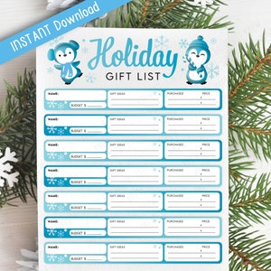 Druckbare Weihnachtsgeschenkliste, Geschenkliste, Weihnachtsgeschenkliste, Geschenkideen für Feiertage, Blaue Urlaubswunschliste, Geschenkideen