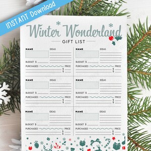 Plantilla imprimible de lista de regalos de Winter Wonderland, rastreador de regalos de Navidad, ideas de regalos navideños, lista de deseos navideños, lista de compras navideñas