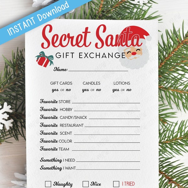 Printable Secret Santa Gift Exchange Questionnaire, Christmas Secret Santa, Christmas Gift List, Gift Ideas for Christmas, Instant Download