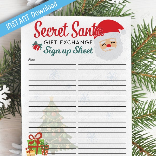 Printable Secret Santa Gift Exchange Sign Up Sheet, Christmas Secret Santa, Office Gift Exchange, Gift Swap for Christmas, Instant Download