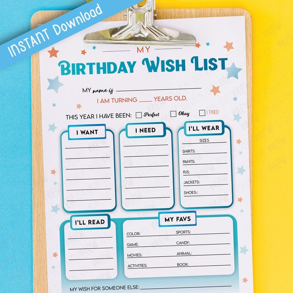 Printable Birthday Gift Wish List Template, Kid's Birthday Wish List, My Wish List, Birthday Gift Ideas List, Bday Gift Ideas, Present Ideas