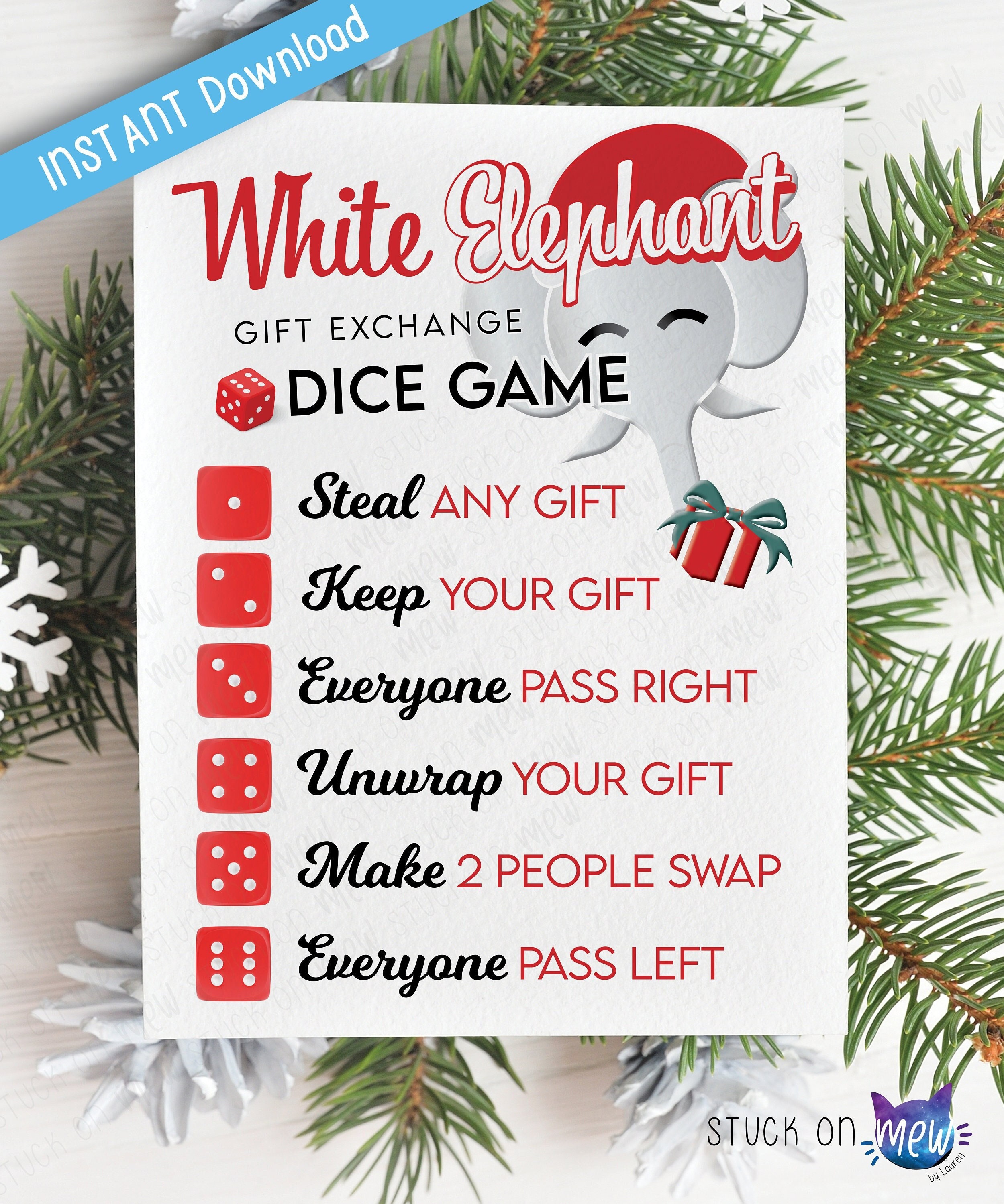 Christmas Pass the Gift Game - Instant Download - Printable Digital Games -  Gift Exchange Activities - White Elephant Game Idea