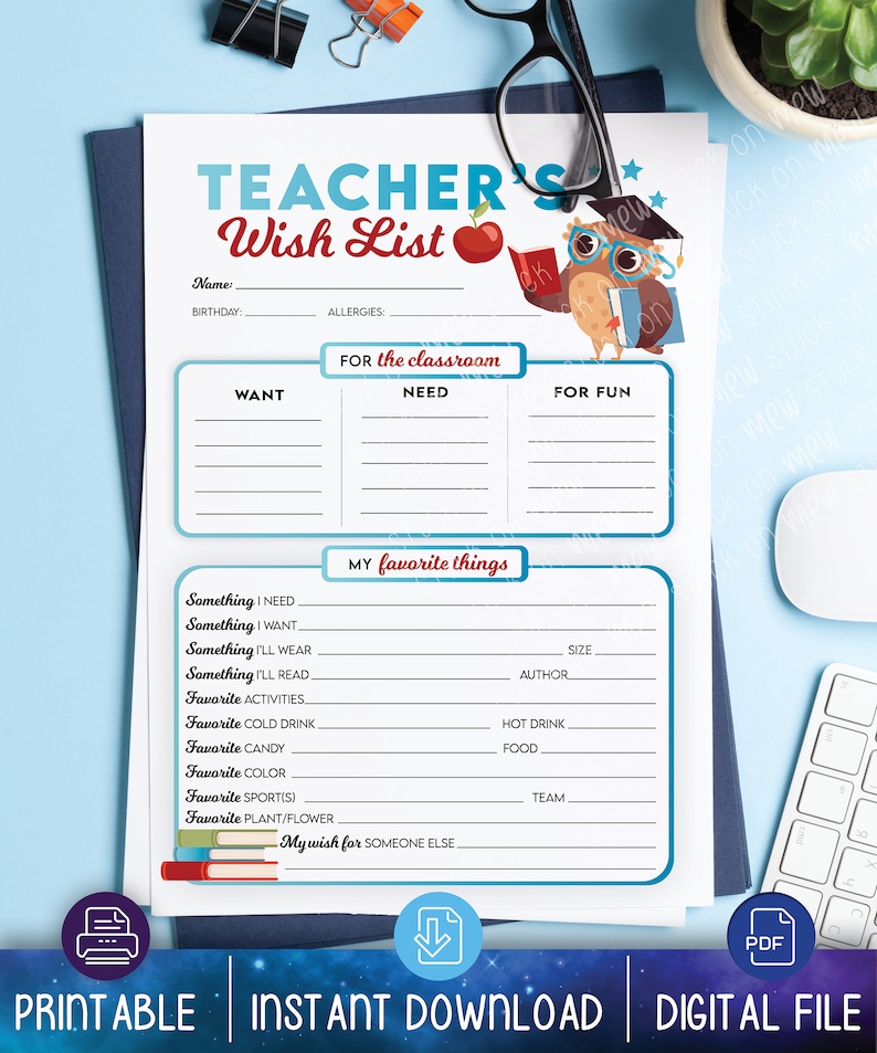 Printable Teachers Favorite Things Wish List Questionnaire, Wish List Template, Teacher Gifts