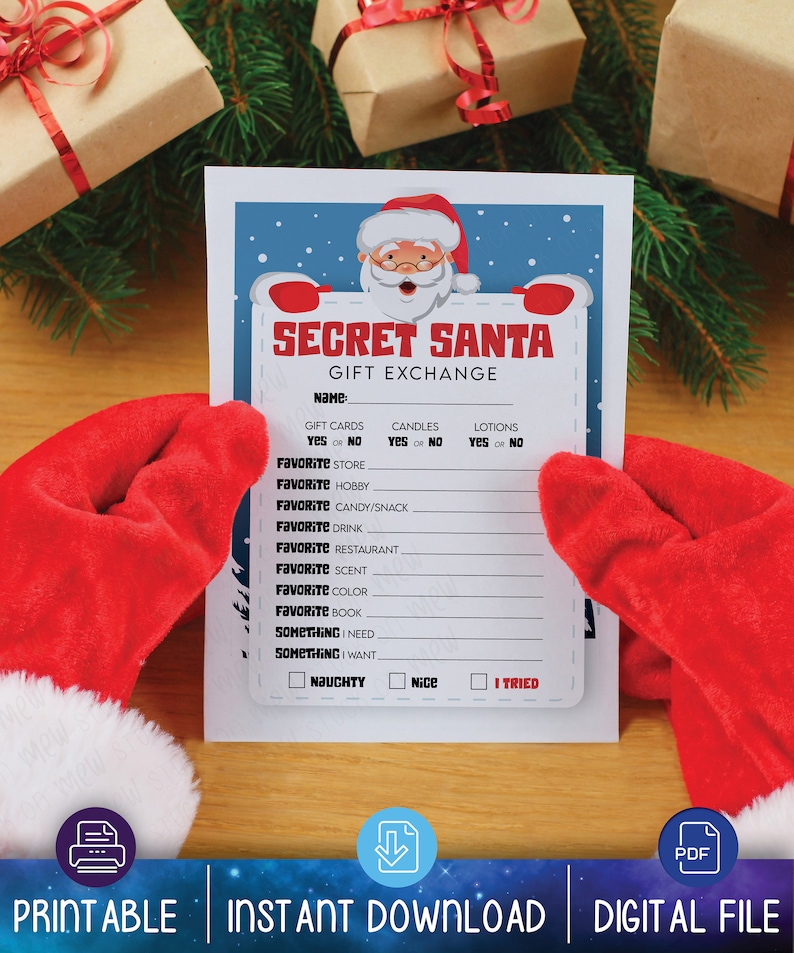 Printable Secret Santa Gift Exchange Questionnaire, Christmas Secret Santa, Christmas Gift List
