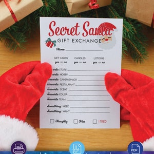 Puede incluir: Un formulario imprimible de intercambio de regalos de Secret Santa con una ilustraci&oacute;n de Pap&aacute; Noel. El formulario incluye secciones para tarjetas de regalo, velas, lociones, dulces/aperitivos favoritos, restaurante favorito, aroma favorito, color favorito, equipo favorito, algo que necesito, algo que quiero y una casilla de verificaci&oacute;n para marcar si eres travieso o bueno.