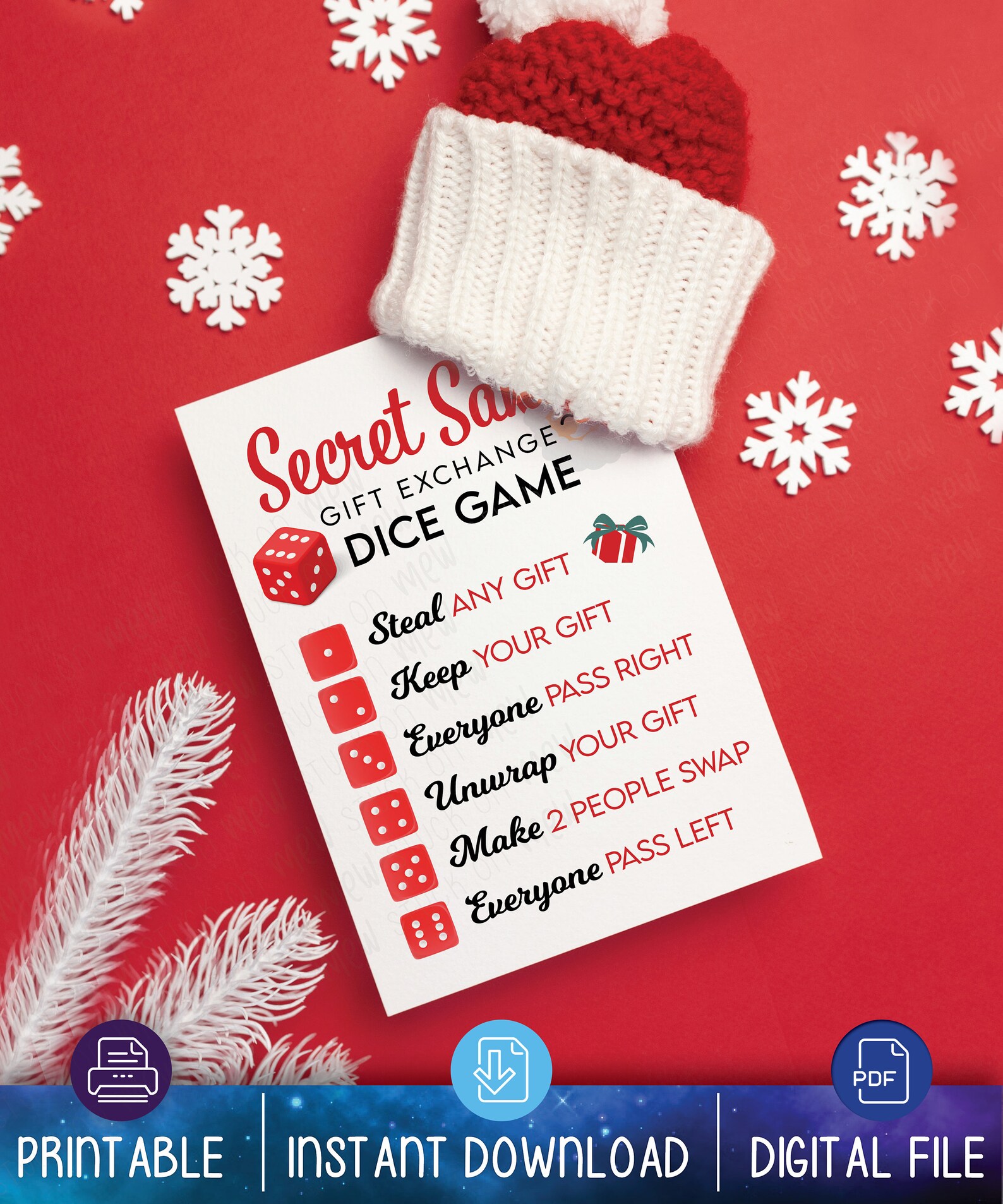 Printable Christmas Dice Game Gift Exchange Rules, Christmas Secret