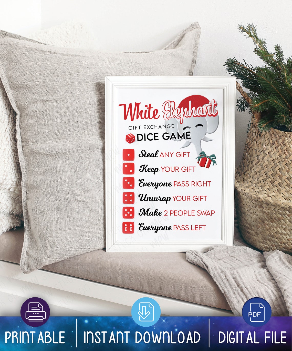 Printable White Elephant Dice Game Gift Exchange Rules Secret Santa