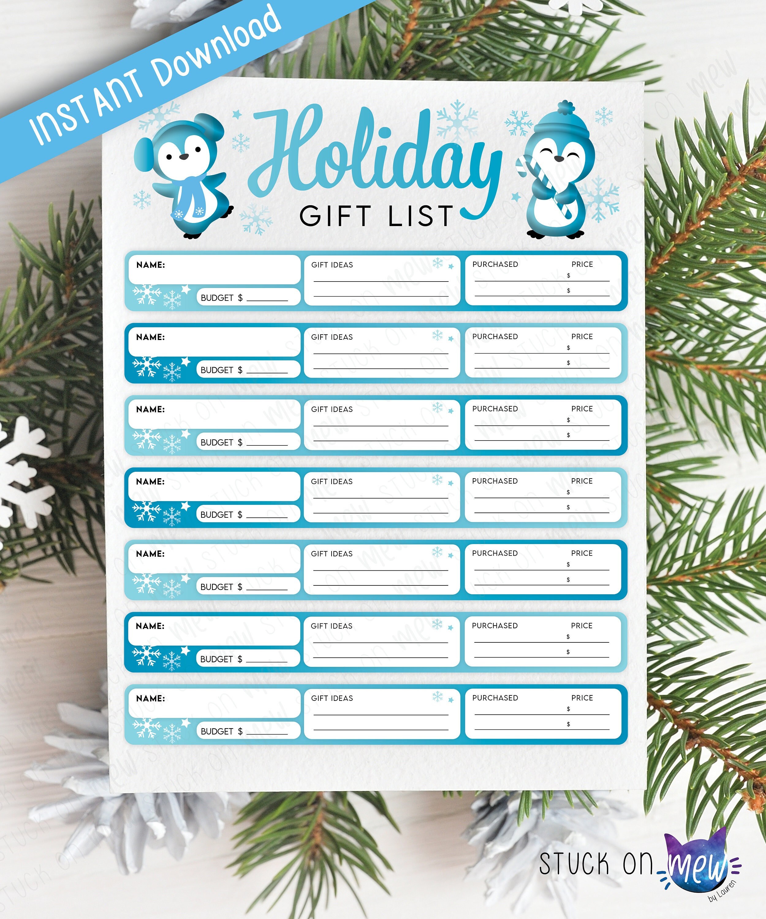 Printable Holiday Gift List Template, Gift Tracker List, Christmas Gift List, Gift Ideas for Holidays, Blue Holiday Wish List, Present Ideas